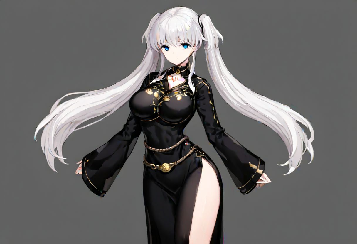 white hair, very long twintail, blunt bangs, long side bangs, blue eyes, empty eyes, gold torc, black hair strap, black nao costume with a white flower drawn on the chest, right side slit, black stockings, waist strap, 
masterpiece, best quality, very aesthetic, absurdres, 1milf, 1adult, solo, full_body, tachi-e,