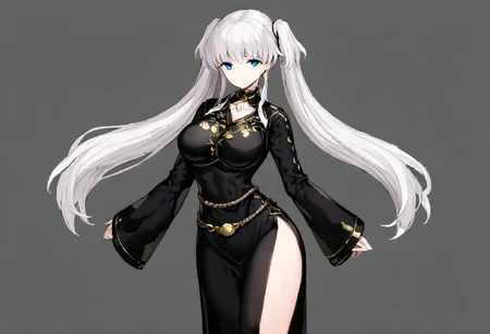 white hair, very long twintail, blunt bangs, long side bangs, blue eyes, empty eyes, gold torc, black hair strap, black nao costume with a white flower drawn on the chest, right side slit, black stockings, waist strap,
masterpiece, best quality, very aesthetic, absurdres, 1milf, 1adult, solo, full_body, tachi-e,
