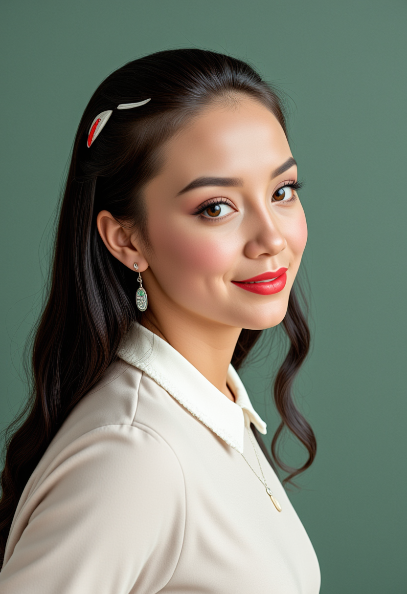 She is approximately 18 years old. Hyperrealism, she is looking at the camera, (dynamic angles), profile headshots of a beautiful, stunning unique female character.  she has dark hair. her eyes are filled with joy and excitement, extravagant eyelashes. a photo of AGDV2_nokrea, she is wearing a white frilly shirt. The woman is posing confidently. simple sage green colored background. She has a slight smile on her face and is looking directly at the camera. making this image a masterpiece of photography and digital art. realistic. making this image a masterpiece of photography and digital art. Style: realistic hyper-detailed rendering, 32k UHD, expressive eyes, punk, graphic design, girl's face, pretty and cute, gleaming lips, telling a tale of adventure. Exuding confidence and serenity. The overall mood of the image is happy and relaxed,detailed skin texture,(blush:0.2),(goosebumps:0.3),subsurface scattering,whimsical,Detailed hand, Perfect hand. Perfection style.
