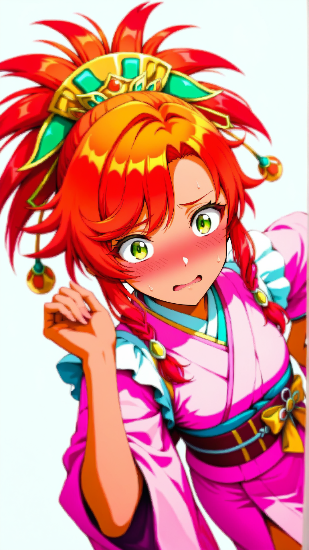 source_anime, general, best quality, masterpiece, 1girl,  <lora:Ogniana_ill_v1.0:1> ogniana,dark skin, red hair,headdress, hair ornament, Japanese Kimono, dynamic pose, dutch angle, flustered, embarrassed,  cowboy shot,
