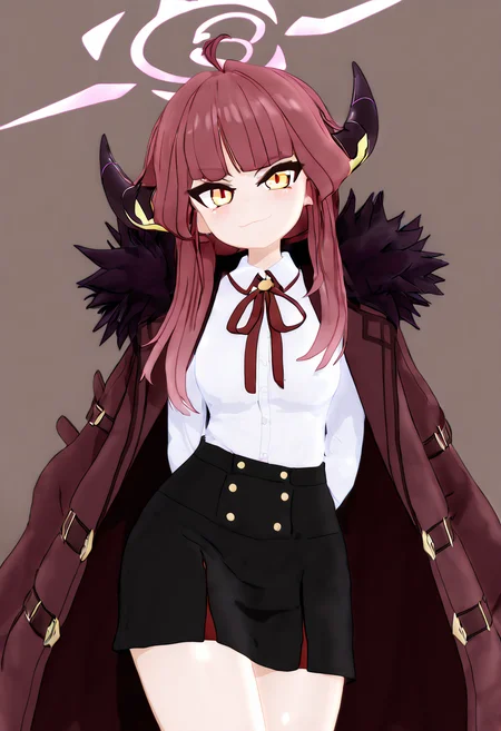 masterpiece, best quality, medium breasts, (curvy), zzAru, yellow eyes, pink hair, long hair, demon horns, halo, brown coat, white shirt, black skirt, red ribbon, fur-trimmed coat, , <lora:AruBlueArchive_NAI:1.0>,, smile, looking at viewer, cowboy shot, leaning forward, hands behind back, smug, head tilt, ,<lora:MantisNAI:0.8>,