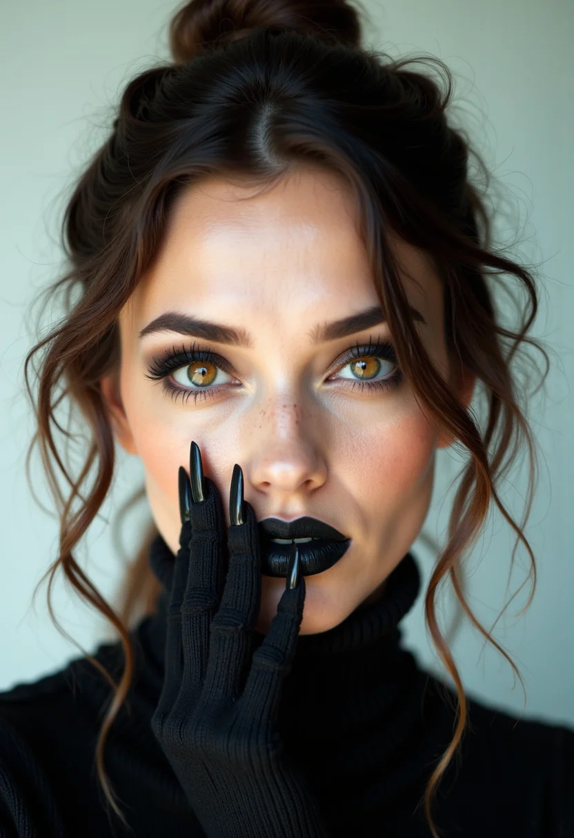 iphone photo model wearing strong black make up, covering her lips with long pointy nails, white background, egdy
(photorealistic:1.25), UHD, (shot on a Sony A7III:1.25), optimal photography, . large depth of field, deep depth of field, highly detailed