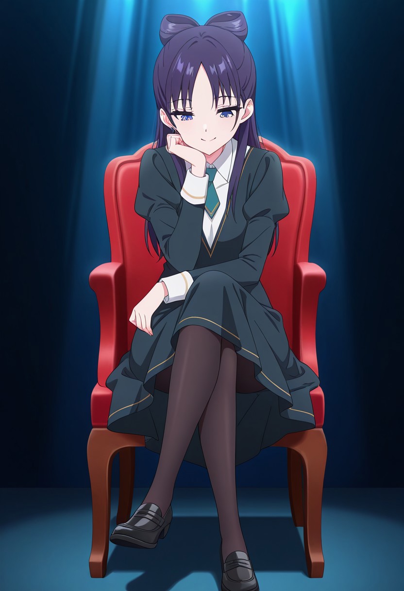 (absurdres, best quality, masterpiece:1.4), amazing quality, highres, newest, detailed, detailed body, detailed face, source anime, anime coloring, beautiful, dark background, petite, red chair, sitting, light ray, cross legs, hand to own chin, looking down,
BREAK
WWNemu, 1girl, solo, standing, smile, NemuAniHu, dark purple hair, bow-shaped hair, parted bangs, half updo, blue eyes, v-neck dress, white inner collared shirt, Short necktie, juliet sleeves, long skirt, black pantyhose, black shoes,