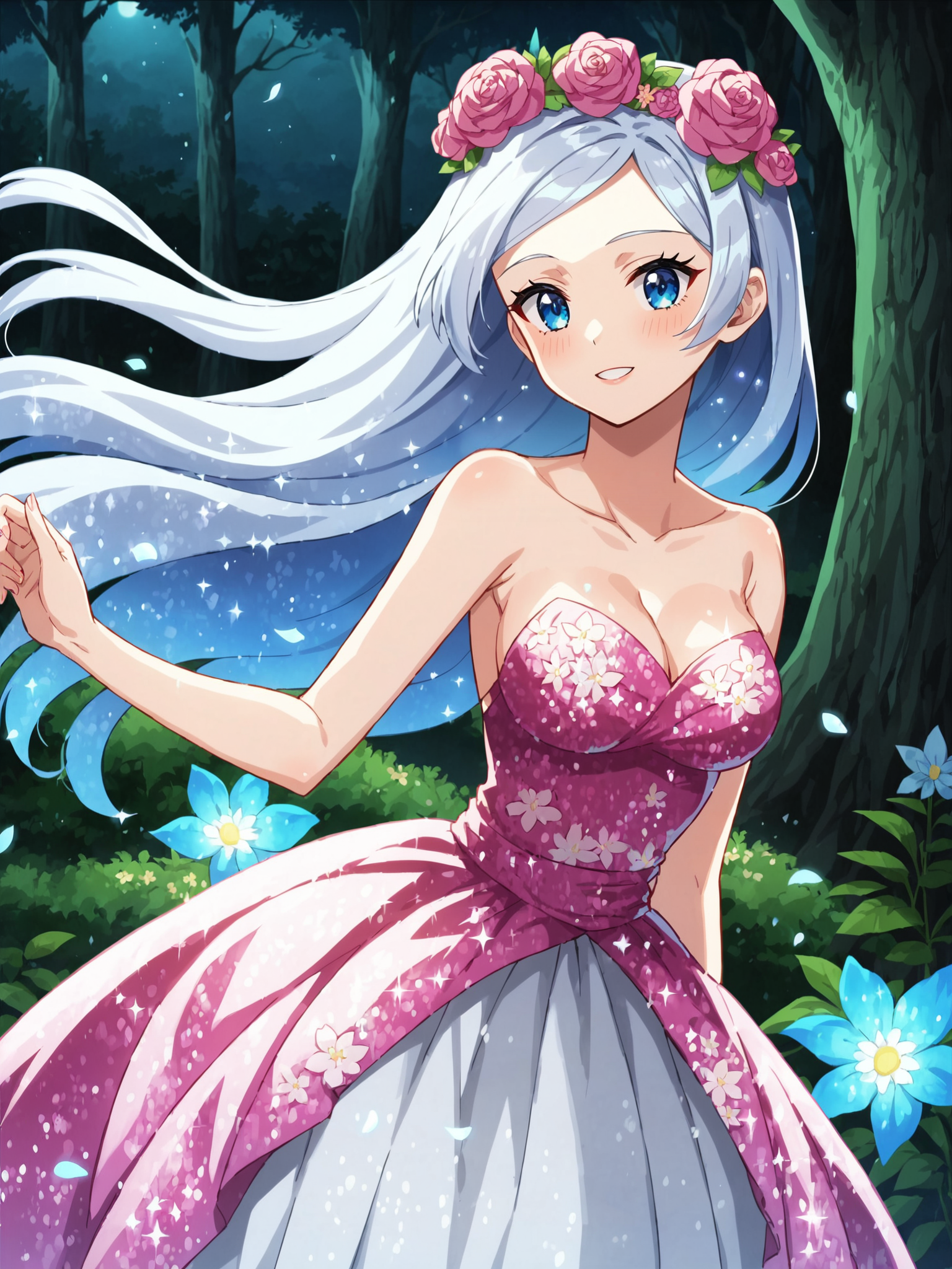 score_9, score_8_up, score_7_up, BREAK  tezuka osamu \(style\),  glitter dress, glitter hair, glitter sky
1girl, long hair, silver hair, blue eyes, fantasy, natural forest, night, detailed background, intricate details, highly detailed, ultra detailed, hyper detailed, complex background, glowing flowers, bioluminescent plants, random flower arrangement, soft lighting, highres, masterpiece, best quality, anime screencap, elegant outfit, confident expression, floating, serene atmosphere, floral accents, ethereal, natural vegetation
