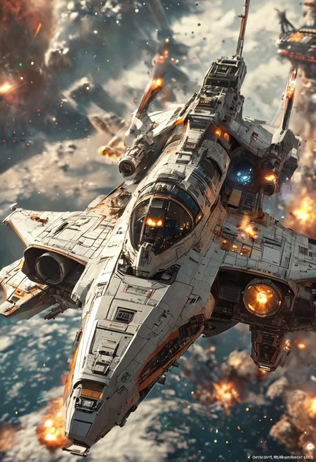 high quality, 8K Ultra HD, highly realistic, The great and sleek ship is moving forward, blasting through space. Embark on an enchanting 8K photorealistic journey as a magnificent starship blasts through a star system.  The ship gracefully flies among other ships. The starship's design boasts advanced tecnological elements. The camera captures every minute detail, by VelvetS, octane render, Isometric, 
<lora:DonM3t3rn1tyXL-v1.1:0.7>, DonM3t3rn1tyXL,
OverallDetailXL  <lora:MJ52:0.3>  <lora:SDXLFaeTastic2400:0.4>