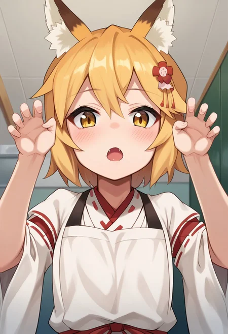 score_9, score_8_up, score_7_up, masterpiece, source_anime, 1girl, ct_s3nko, short hair, blonde hair, yellow eyes, fox ears, fox tail, hair flower, kimono, ribbon trim, brown apron, wide sleeves, detached sleeves, looking at viewer, indoors, upper body, claw pose, open mouth, blush, from below, leaning forward,