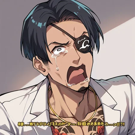 score_9, score_8_up, score_7_up, source_anime, rating_safe, solo, etailed, masterpiece, very aesthetic, absurdres, recent, anime screenshot, flat coloring, fair skin, <lora:majima-guy-PONYv1:0.75> majima, male focus, eyepatch, black hair, shirtless, dark tan jacket, pants, tattoo, open clothes, majimadef, necklace, goatee, abs, (upperbody:1.4), closeup, aqua screaming meme, eyes wide open, mouth wide open, <lora:concept_aquascreaming_ponyXL:1> aquascreaming, open mouth, crying with eyes open, parody, tears