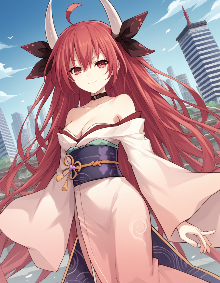 score_9, score_8_up, score_7_up, source_anime,
kotoriitsuka, <lora:kotori-itsuka-lightnovel-ponyxl-lora-nochekaiser:1>,
kotori itsuka, long hair, red eyes, very long hair, red hair, ahoge, ribbon, hair ribbon,
bare shoulders, japanese clothes, horns, choker, kimono, cleavage, wide sleeves, sash, obi,
cityscape, smile, smug,
looking at viewer, solo, cowboy shot, dutch angle,