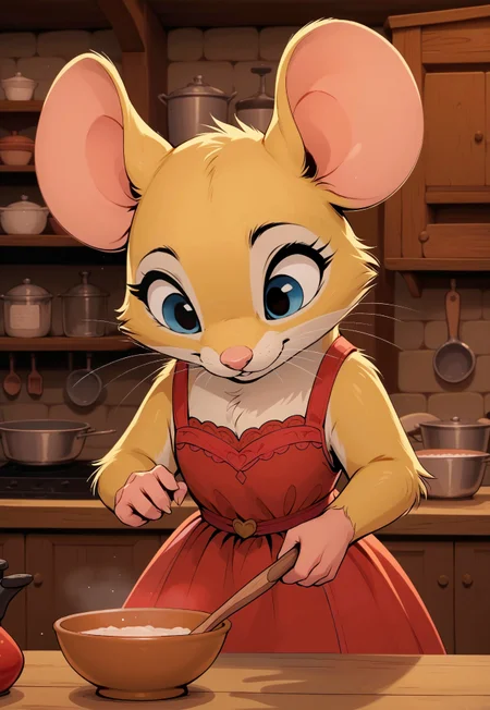 score_9, score_8_up, score_7_up, score_6_up, score_5_up, score_4_up, m0use_maximilla, in the style of Beatrix Potter, (yellow fur, blue eyes), cute, (feral;1.5), sleeveless red dress, indoors, cottage, kitchen, cooking, upper body shot, head focus, holding bowl, looking down,