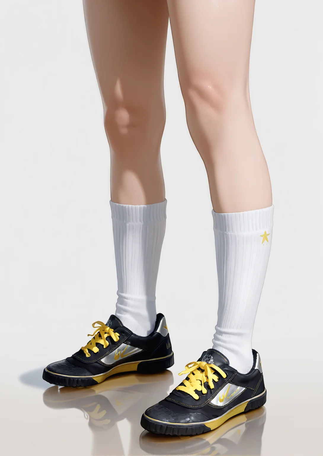 masterpiece,amazing quality,best quality,ultra-detailed,absurdres,newest,1boy,solo,(yellow cleats:1.1),black sneakers,realistic,photorealistic,separated legs,<lora:cleatss-000010>,white ribbed kneehighs,white background,simple background,standing,