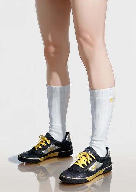 masterpiece,amazing quality,best quality,ultra-detailed,absurdres,newest,1boy,solo,(yellow cleats:1.1),black sneakers,realistic,photorealistic,separated legs,<lora:cleatss-000010>,white ribbed kneehighs,white background,simple background,standing,