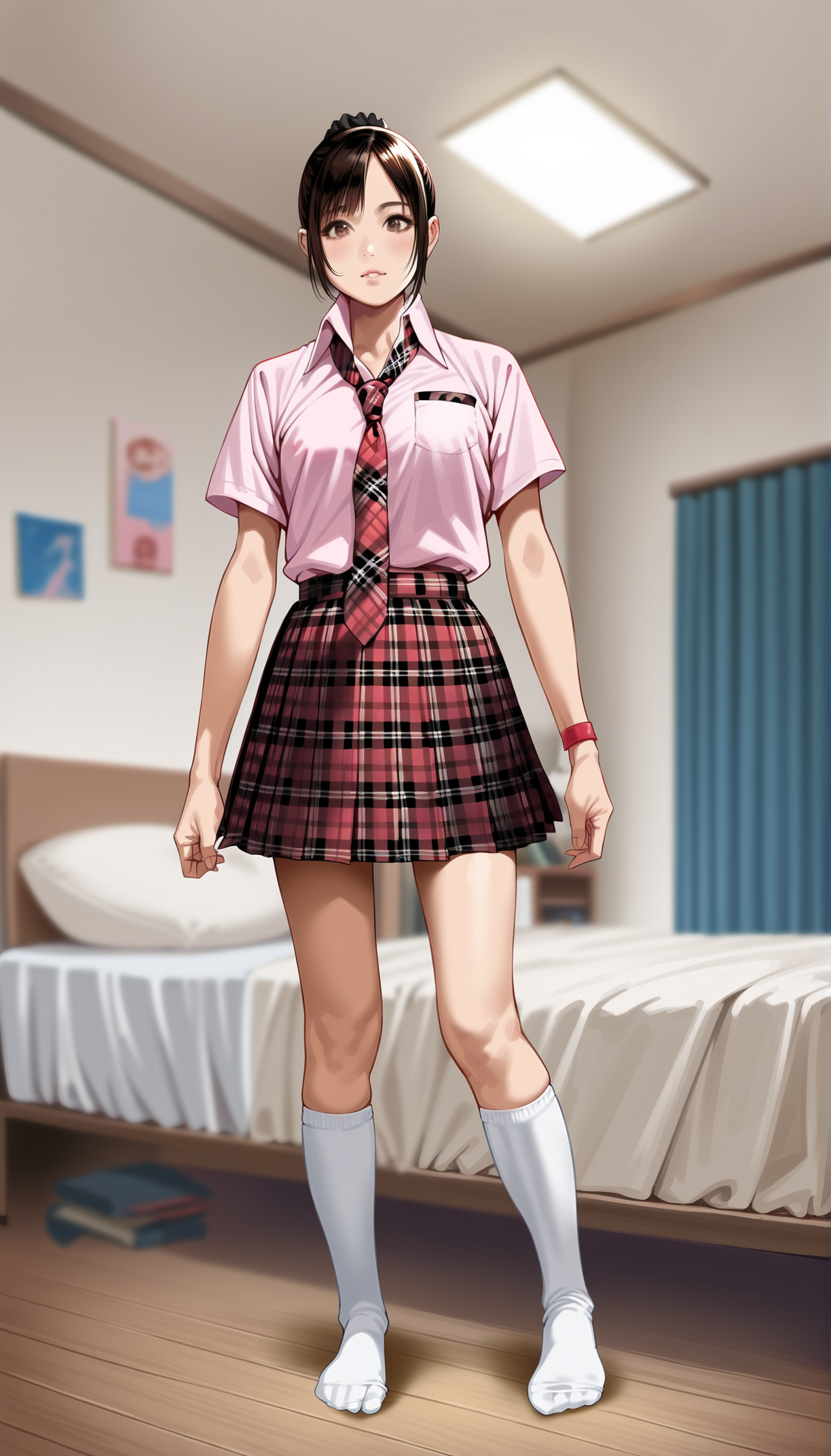 score_9,score_8_up,score_7_up,
highly detailed,highres,(realistic:1.2),
<lora:miiyamotohikari:0.9>,miiyamotohikari,
1girl,solo,black hair,bangs,black scrunchie,brown eyes,school uniform,pink collar shirt,red plaid skirt,red plaid necktie,red wristband,white kneehighs,no shoes,full body,
blurry background,indoors,bedroom,white wardrobe,ceiling,bed,pillow,desk,wooden floor,dome light,