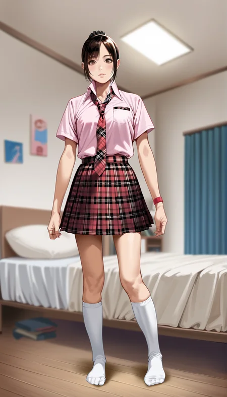 score_9,score_8_up,score_7_up,
highly detailed,highres,(realistic:1.2),
<lora:miiyamotohikari:0.9>,miiyamotohikari,
1girl,solo,black hair,bangs,black scrunchie,brown eyes,school uniform,pink collar shirt,red plaid skirt,red plaid necktie,red wristband,white kneehighs,no shoes,full body,
blurry background,indoors,bedroom,white wardrobe,ceiling,bed,pillow,desk,wooden floor,dome light,