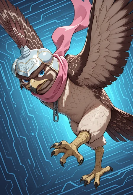 masterpiece, best quality, amazing quality, dutch angle, dynamic angle, abstract background, BREAK
1boy, solo, male, feral, falcon, brown feathers, helmet, blue eyes, pink scarf, talons, BREAK
<lora:cfg_scale_boost:.6>, <lora:Petshop_-_Jojos_Bizarre_Adventure_-_ILXL:1>