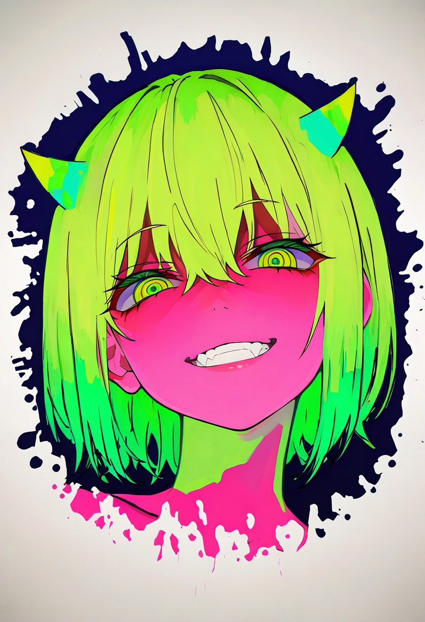 masterpiece,best quality,absurdres, amazing quality, hi res, masterpiece, best quality, detailed, amazing quality, detailed face, detailed eyes, clean eyes, best quality, highres, very aesthetic, newest, ultra-detailed, illustration, (best quality:1.1),ultra-detailed, high resolution, super detailed skin, beautiful detailed eyes, nsfw, Brightly Lit, Highly Visible, 8k, sharp focus, beautiful, perfect lighting, beautiful eyes, anatomically correct, anatomically correct face, extremely detailed eyes, smooth edges, beautiful face, symmetrical eyes, symmetrical face, BREAK 748cmstyle, newest, (colorful:0.5), (lineart:0.8), (silhouette:0.4), StainedArt_IL, sketch, paint splatter, Spill Art, coffee spill art, dissolving, stainedart_il, solo, female focus, 1girl, smile, green hair, grin, looking at viewer, blood, evil smile, teeth, succubus, horns
