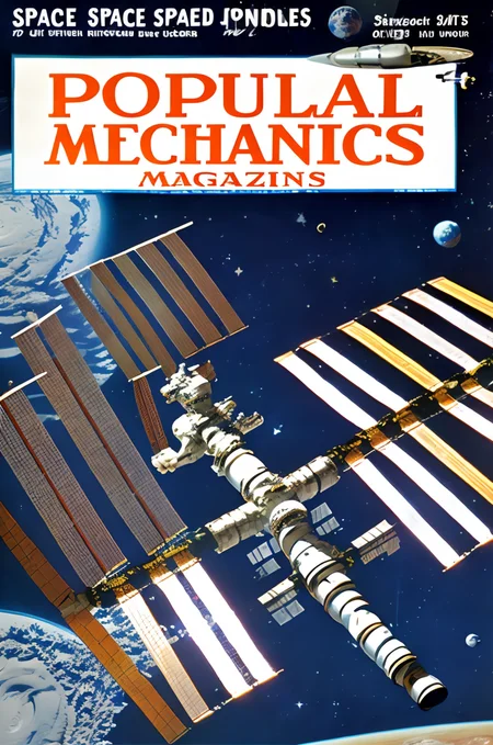 popularmechanics magazine cover showing the International Space Station, high quality, high resolution scan, intricate detail <lora:hjpopularmechanics_v10:0.8>