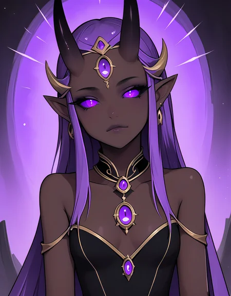 te'kharoth, third eye, tail, horns, violet eyes, 1girl, solo, upper body, regal, queen, crown, sitting, throne, colored skin, dark skinned female, silk dress, capelet, illuminated, mystical aura, expressive eyes, cinematic, masterpiece,, 1girl, perfectly flat chest, tiny perky tits