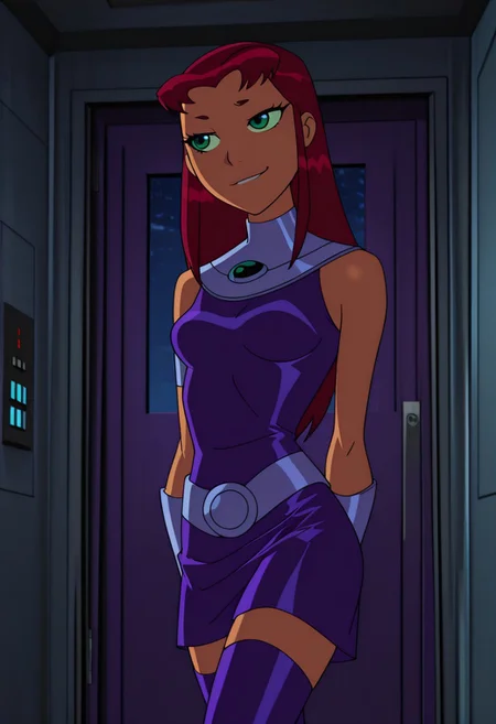 lazypos, masterpiece, best quality, amazing quality,detailed eyes, hi res, ultsm99, starfirett, 1girl, red hair, solo, long hair, green eyes, orange skin, armlet, gorget, crop top, midriff, purple skirt, green sclera, breasts, purple footwear, bracer, seductive, smirk, closed_mouth, looking at viewer, dynamic pose, night, indoors, gunmetal wall, elevator door,