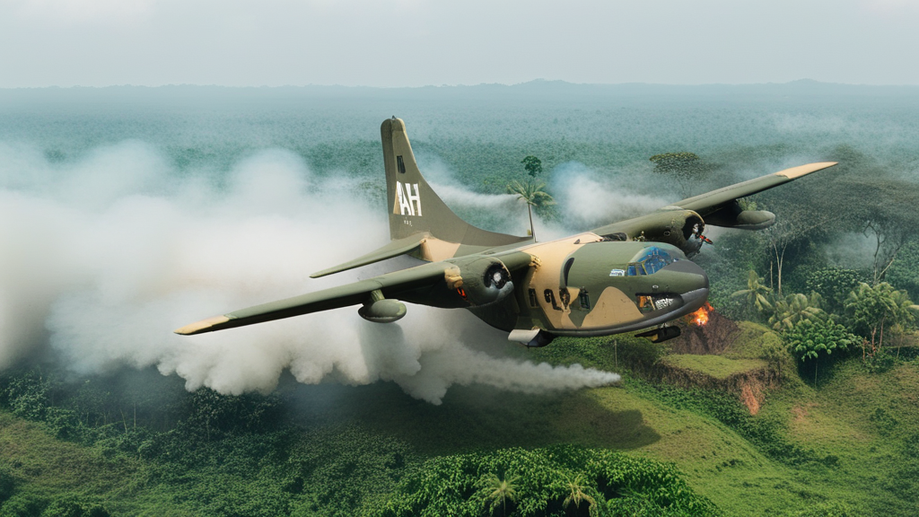 cinematic movie still of USAF (AIR_C123:2) flying over a village in a jungle, extremely detailed, viet nam, spraying white fog behind it, village on fire below, hyperdetailed, shallow depth of field, f1.4,  <lora:AC_C123:1>