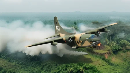 cinematic movie still of USAF (AIR_C123:2) flying over a village in a jungle, extremely detailed, viet nam, spraying white fog behind it, village on fire below, hyperdetailed, shallow depth of field, f1.4, <lora:AC_C123:1>