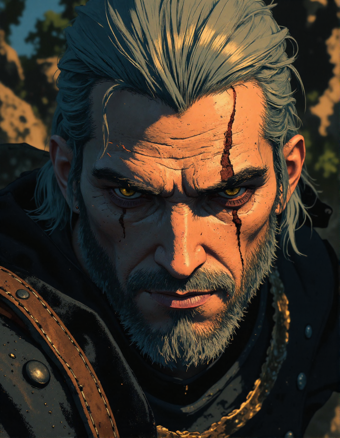 Intense gaze of a Witcher: Extreme close-up on the face of Geralt of Rivia, focusing on his piercing yellow eyes, a deep furrow between his brows, silver hair framing his face, subtle scars visible, dark and gritty atmosphere, high contrast lighting emphasizing his determined expression, hint of chainmail visible at the edges of the frame, dark and moody background, hyperrealistic rendering, cinematic lighting, ppg3r4lt, <lora:ìë¬µí:0.8>, <lora:NeonFantasyPrimeFLUX:0.7>, <lora:Geralt_of_Rivia_-_The_Witcher_3:0.4>