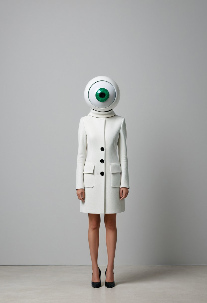 malachite_style, (style of Viviane Sassen) single being giant googly eyes minimalist background monochrome tones clean lines structured outfit black white neutral colors soft even lighting surreal whimsy art-gallery atmosphere sleek modern fashion poised simple pose oversized playful eyes surreal contrast minimalist setting white wall light concrete surface focused composition centered figure plastic texture whimsical simplicity avant-garde