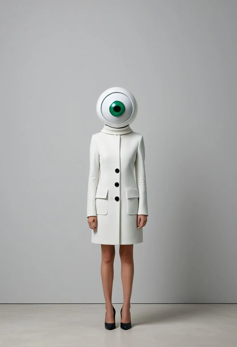 malachite_style, (style of Viviane Sassen) single being giant googly eyes minimalist background monochrome tones clean lines structured outfit black white neutral colors soft even lighting surreal whimsy art-gallery atmosphere sleek modern fashion poised simple pose oversized playful eyes surreal contrast minimalist setting white wall light concrete surface focused composition centered figure plastic texture whimsical simplicity avant-garde