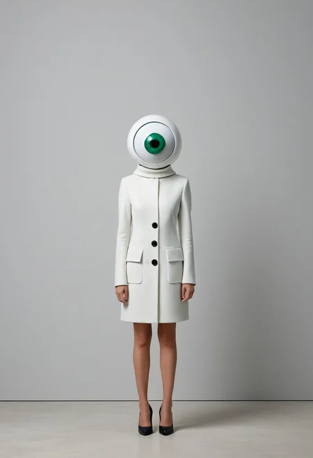 malachite_style, (style of Viviane Sassen) single being giant googly eyes minimalist background monochrome tones clean lines structured outfit black white neutral colors soft even lighting surreal whimsy art-gallery atmosphere sleek modern fashion poised simple pose oversized playful eyes surreal contrast minimalist setting white wall light concrete surface focused composition centered figure plastic texture whimsical simplicity avant-garde