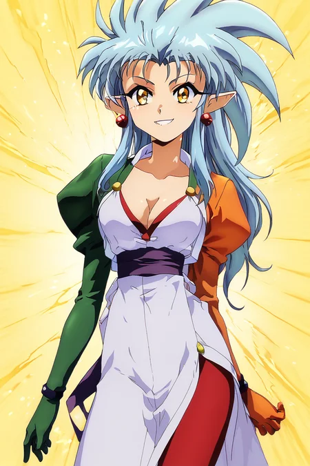 score_9, score_8_up, score_8, medium breasts, (curvy), cute, eyelashes, BREAK, , zzRyouko, spiked hair, long hair, yellow eyes, pointy ears, blue hair, cleavage, long sleeves, gloves, jewelry, earrings, retro artstyle, 1990s (style), <lora:Ryouko_PDXL:1.0>,, BREAK, smile, looking at viewer, cowboy shot, ,,, embedding:zPDXL, Expressiveh, ,,, <lora:PrismaIllya_PDXL_v3:1.0>, <lora:SDXLFaeTastic2400:0.5>, <lora:Expressive_H-000001:0.4>,