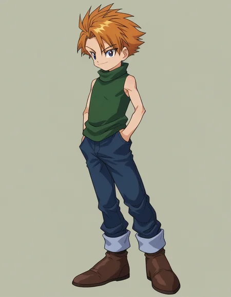 zPDXL, score_9, score_8_up, score_7_up, source_anime,
<lora:Digimon_v2-15:0.8> digimon, 1boy, solo, Yamato, blue eyes, blond hair, spiked hair, green gurtleneck, sleeveless, jeans, brown shoes,, sparkling eyes, plantar flexion