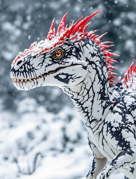 A captivating depiction of a dromaeosaurid dinosaur, possibly a velociraptor or a close relative, rendered with striking detail. The creature's skin exhibits a unique and visually arresting coloration. It's predominantly a pale, almost chalky white, creating a stark contrast against the snowy backdrop. This white base is overlaid with intricate patterns of dark, charcoal-like markings that resemble both stripes and mottled patches, giving it a somewhat camouflaged appearance against the snowy environment. Adding a touch of fierce vibrancy are the bright, almost crimson red accents along its crest and possibly other areas, creating a stark and striking contrast against the white and dark markings. The skin texture appears rough and scaly, further emphasizing its prehistoric nature.