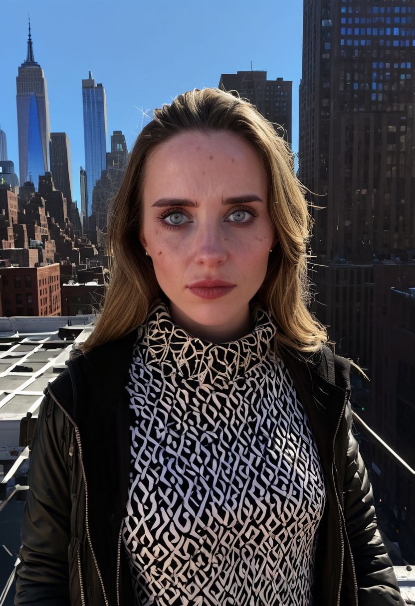 8k, RAW photo, highest quality), beautiful (white skin woman),  outfit (detailed eyes:0., (looking at the camera:1.4), (high-resolution image), (best shadow) , skin textures, intricate details,, stand in roof new york