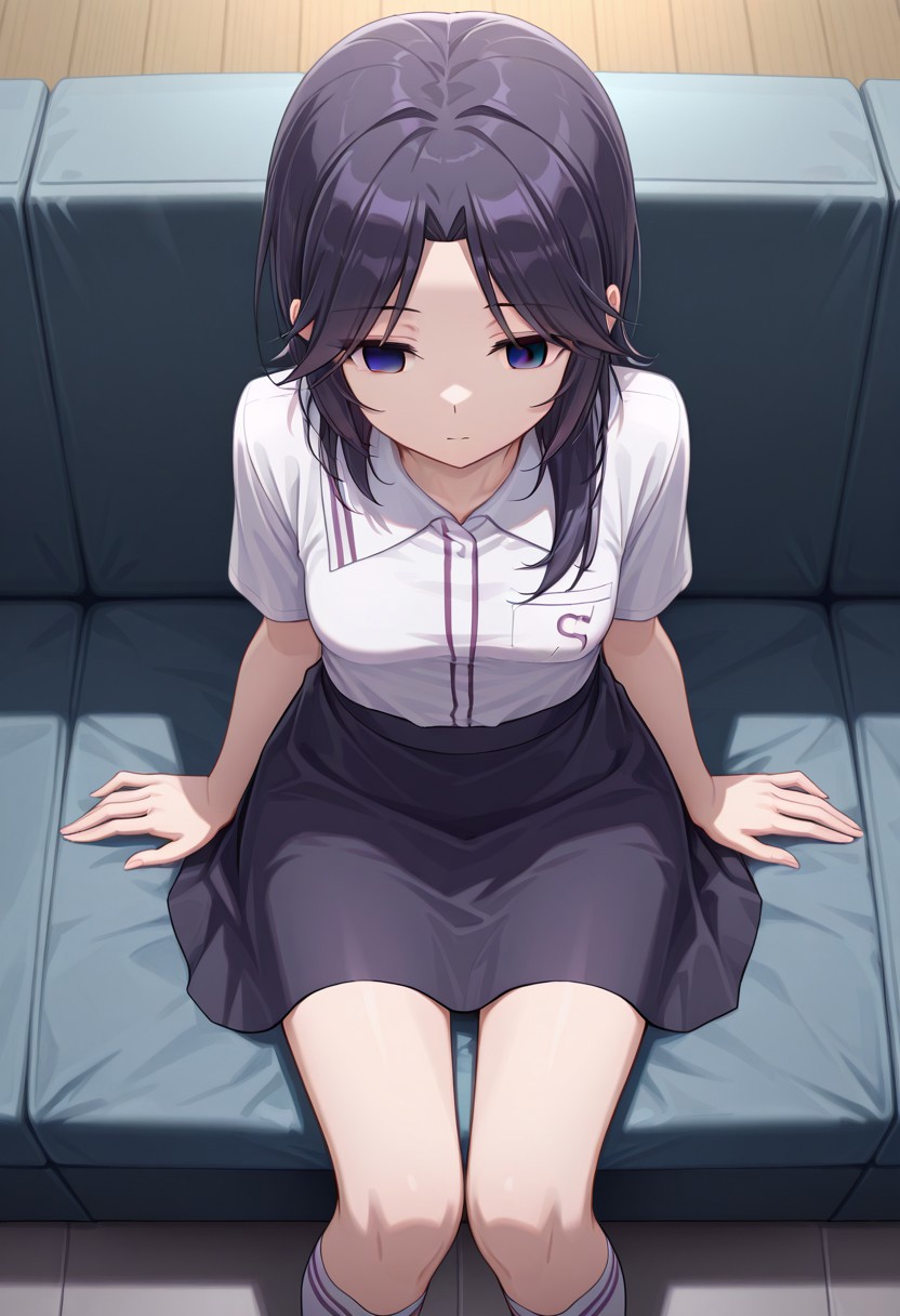 masterpiece, best quality, 32k, high resolution, absurdres, hida shouko, skirt, sitting, kneehighs, small breasts, cowboy shot, empty eyes, collared shirt, from above, dress