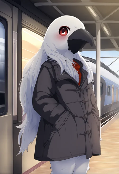 masterpiece, hyper detailed, best quality,(furry:1.3),1girl, solo, bird, coat, scenery, long hair, standing, outdoors, shorts, hands in pockets, train station  ,<lora:DAGASIXLlokr8f-000188:0.95>