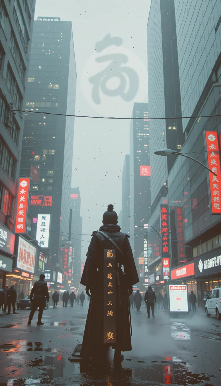 ultra realstic A lone tech-monk samurai, robes fused with smart-fabric and carbon-weave plating. He stands still in the middle of a digital storm, katana sheathed, as skyscrapers melt into glowing glyphs around him. <lora:Movie_Portrait:0.08> <lora:KB_Kentmere400_FLUX:0.05> <lora:Analog_Photo_Style:0.1> <lora:soaked_brand_pfeffi_KB_FLUX:0.04> <lora:Vintage_Neon_Film:0.15> <lora:Sword_Sakura壿¡(Photographic_style):0.545> <lora:Neon_Punk-Flux:0.9>