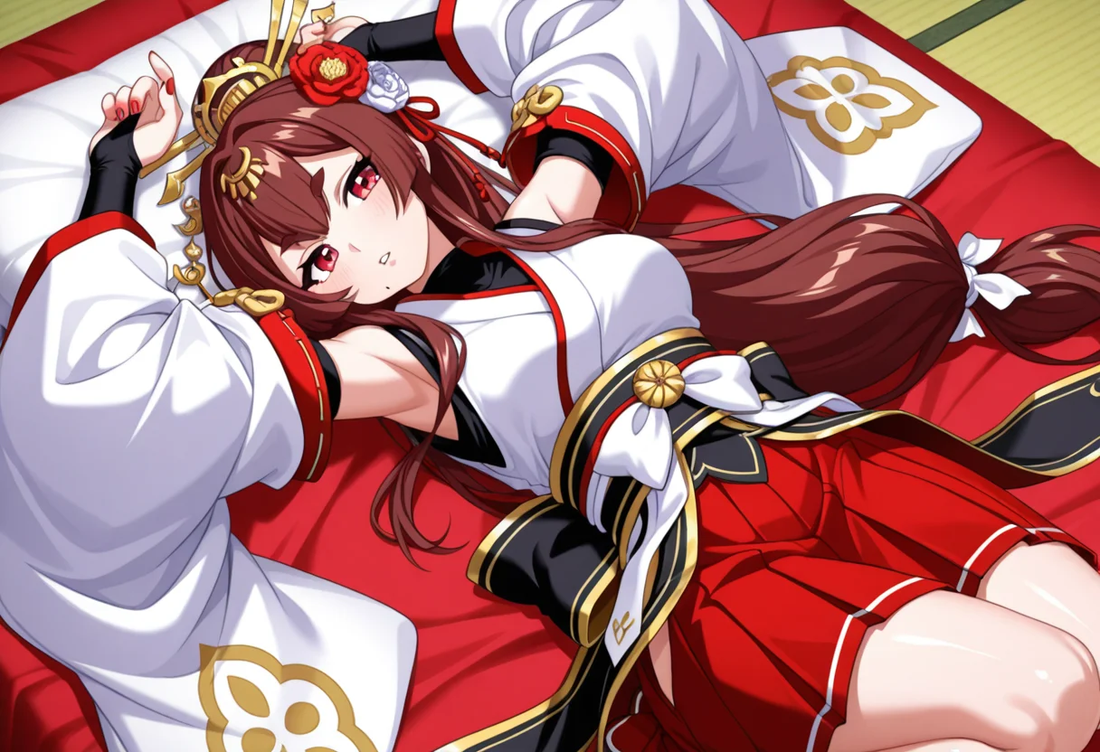 orisries style, Unyouhime, 1girl, solo, low-tied long hair, red-brown hair, bangs, single hair bun, ponytail, hair flower, hair ribbon, white ribbon, red ribbon, hair ornament, red eyes, mole under mouth, red nails, white jacket, white kimono, black shirt, detached sleeves, bridal gauntlets, obi, red skirt, brown sandals, lying on bed, on back, arms up, head tilt, one knee up, legs together, parted lips, blush
BREAK
inside bedroom, from above
BREAK
BREAK
anime screencap, anime coloring, anime colored background, detailed background, detailed face, detailed eyes, detailed skin, shiny skin, shiny hair, absurdes, highres, dynamic pose, masterpiece, best quality, official art, cel shaded, graphic illustration, digital painting, CGI, very detailed, amazing quality, intricate details, dynamic pose, HDR, UHD, 8K, Fineline illustration, Highly detailed, ultra-fine painting, sharp focus, Professional, Vivid Colors <lora:Unyouhime-20:0.7> <lora:DetailedEyes_V3:1> <lora:add-detail-xl:1>