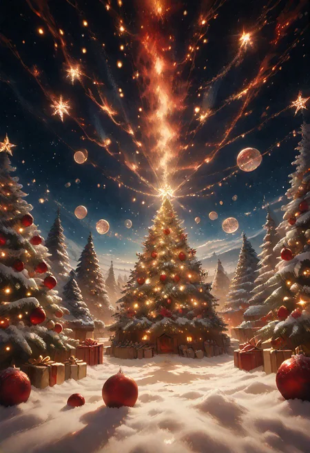 score_9, score_8_up, score_7_up, detailed, detailed shadows, r0b0t_s4nta_c1aus, magicalchristmas, christmas tree, outside, stars, sparkles, bubbles,