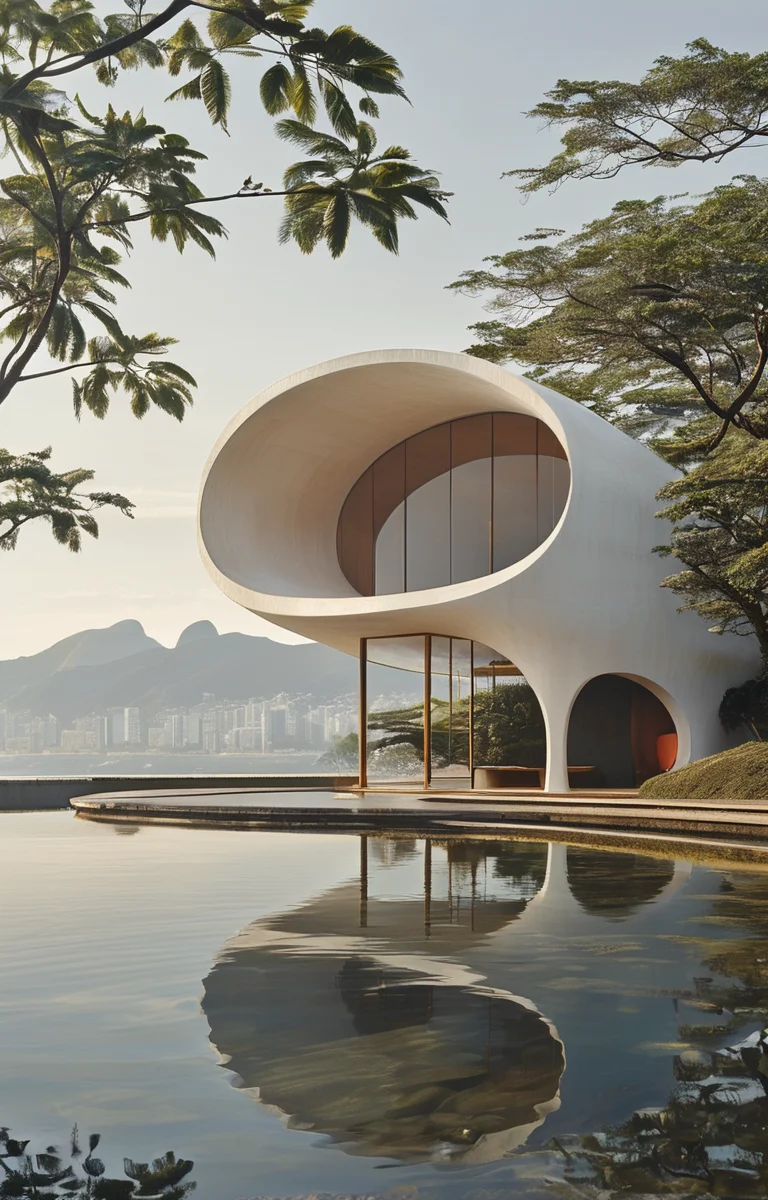 masterpiece,best quality,<lora:tbh313-sdxl:0.75>,illustration,designed by Oscar Niemeyer, Minimalist Japanese-inspired tea house by the sea, evoking the style of Tadao Ando
