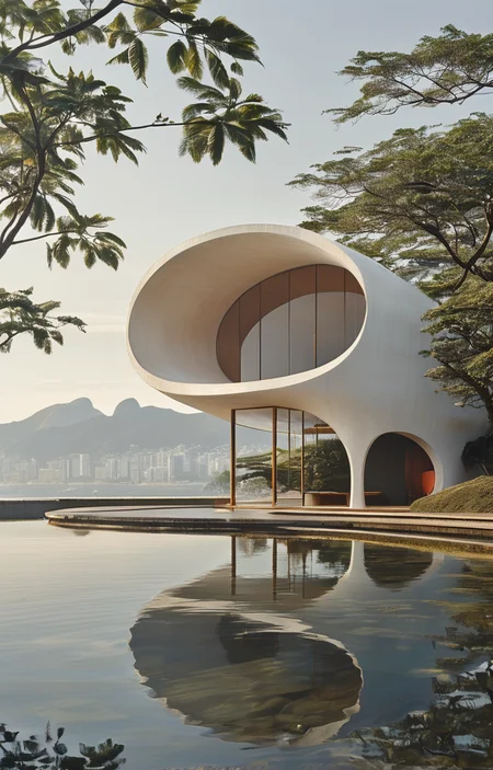masterpiece,best quality,<lora:tbh313-sdxl:0.75>,illustration,designed by Oscar Niemeyer, Minimalist Japanese-inspired tea house by the sea, evoking the style of Tadao Ando