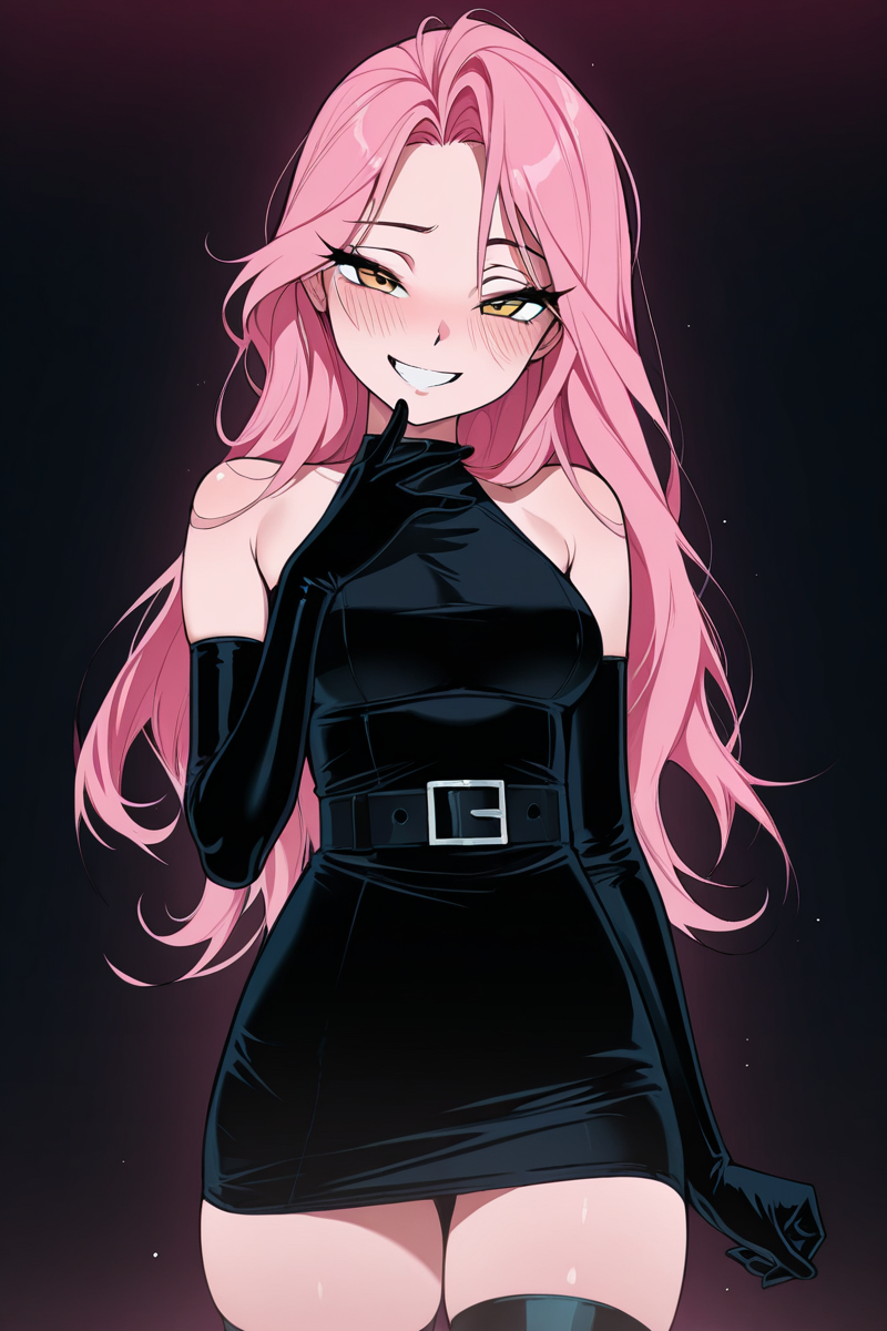 masterpiece, best quality, amazing quality,
 <lora:VIVINOS_IL:1> vivinos, 1girl, solo, thighhighs, gloves, bare shoulders, dress, long hair, smile, pink hair, black dress, yellow eyes, blush, black gloves, belt, grin, looking at viewer, breasts, mizi