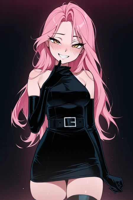 masterpiece, best quality, amazing quality,
<lora:VIVINOS_IL:1> vivinos, 1girl, solo, thighhighs, gloves, bare shoulders, dress, long hair, smile, pink hair, black dress, yellow eyes, blush, black gloves, belt, grin, looking at viewer, breasts, mizi