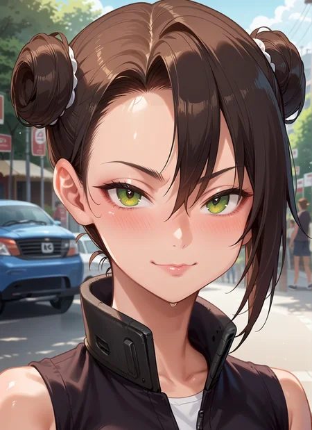 score_9,score_8_up,score_7_up,score_6_up BREAK official art,solo,outdoors,upper body,(portrait:1.5),looking at viewer,facing viewer,smile, <lora:agent.pony:0.8> agent, BREAK ,score_9, score_8_up, score_7_up, detailed face, detailed body, best background, detailed background, uncensored,, BREAK ,anime screencap, anime coloring,, , shiny, shiny skin, shiny hair, soft body,, ,<segment:yolo-face_yolov8m.pt,0.4,0.5//cid=1> ,, , sexually suggestive, naughty face, horny, naughty face, nose blush,