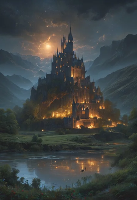 A captivating night scene illustration featuring a beautiful castle on a large  hill overlooking a lake in Wales.   The castle is ancient but well maintained and updated and comfortable to live in.  This enchanting artwork captures a serene and peaceful early morning, where the sun is just starting to rise over the beautiful hills and castle which   stands resolute amidst hills of Wales, creating a cinematic experience., illustration, cinematic
<lora:DonM3t3rn1tyXL-v1.1:0.7>, DonM3t3rn1tyXL,
OverallDetailXL  <lora:MJ52:0.3>  <lora:SDXLFaeTastic2400:0.4>  <lora:EpicF4nta5yXL:0.7>