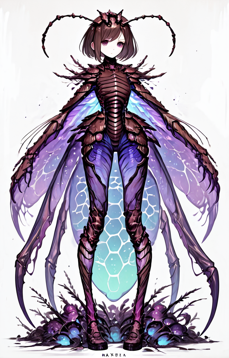score_9,score_8_up,score_7_up,
monsterworld, masterpiece,high resolution,detail,
, 1girl,solo,  looking at viewer, full body, white background, insect wings, antennae, brown hair, purple and blue colors, insect body, humanoid
, <lora:monster_world-8:0.8>