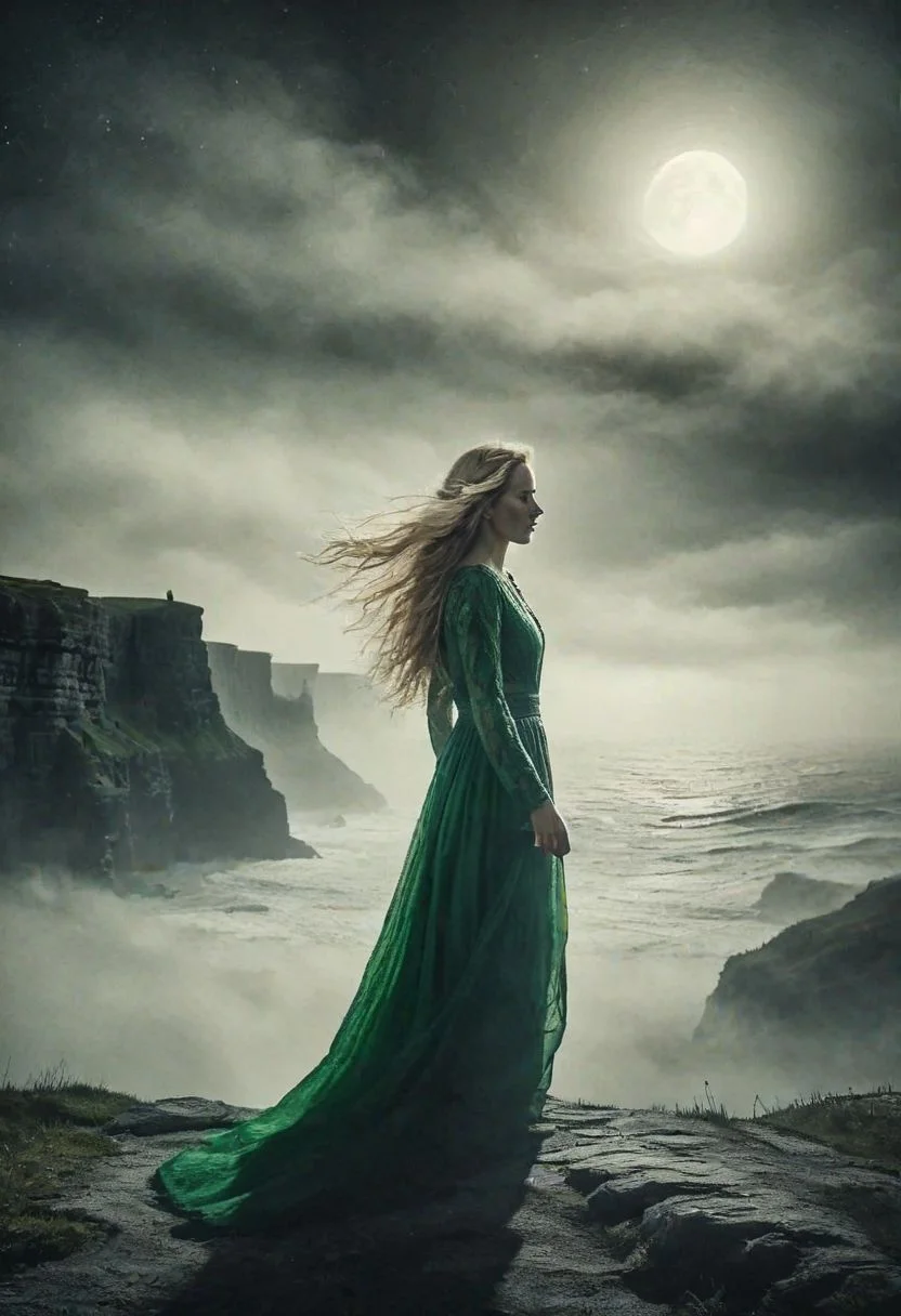 seductive 30 year old woman of Celtic origins with long wavy blonde hair, wearing a traditional long Celtic dress in green and ivory, posing standing on an Irish cliff touched by the wind, hair wavy by the strong wind, upper body, background: Cliffs of Moher, Ireland, night, moon, moonlight, light fog, upper-body,dutch angle