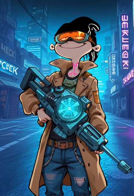 masterpiece, absurdres, highest quality, highly detailed, source_cartoon, cyberpunk, solo, eddboi smug, sockhead, belt, black beanie, trench coat, blue jeans, goggles, neon glow, tattoos, holding a machinegun, cyberpunk city background, detailed background, night, no earflaps, no hatflaps, visible ears,