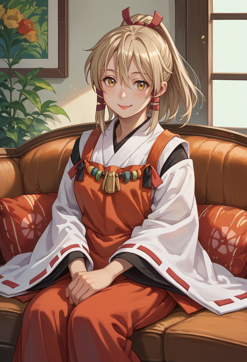 score_9, score_8_up, source_anime, 1girl, solo, Ukanomitama, long hair, high ponytail, hair ribbon, tress ribbon, miko outfit, tribal necklace, ribbon-trimmed sleeves, red apron, indoors, sitting, on sofa, smile, <lora:ChamUkaPonyXL:1>