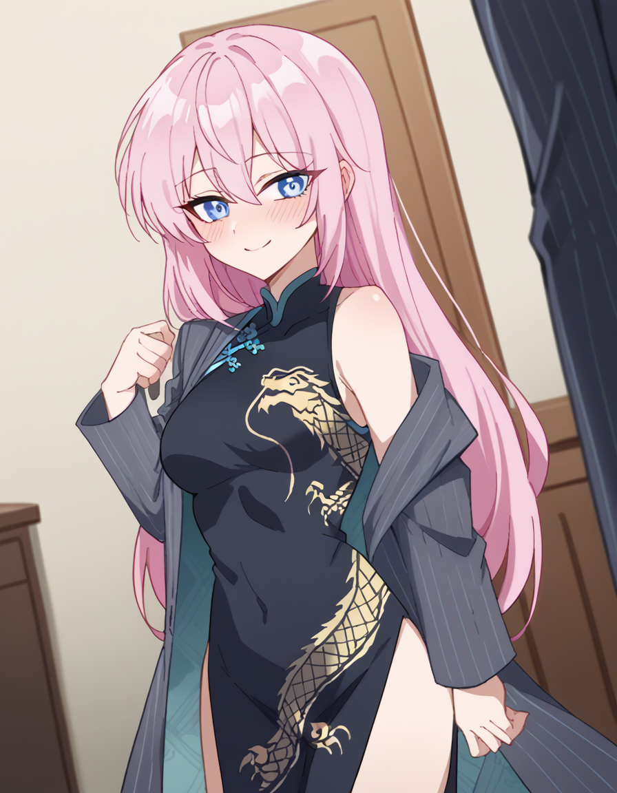 score_9, score_8_up, score_7_up, source_anime, <lora:miyako-shikimori-s1-ponyxl-lora-nochekaiser:1>, miyako shikimori, long hair, blue eyes, hair between eyes, pink hair, medium breasts,, <lora:blue-archive-kisaki-cosplay-ponyxl-lora-nochekaiser:1>, blue archive kisaki cosplay, kisaki (blue archive) (cosplay), dragon print, china dress, print dress, chinese clothes, pinstripe jacket, sleeveless turtleneck dress, cosplay, vertical-striped jacket, pinstripe pattern, pelvic curtain, striped coat, grey coat, black dress, sleeveless dress,, indoors, from side, blush, smile,, cowboy shot, looking at viewer, , dutch angle, cowboy shot