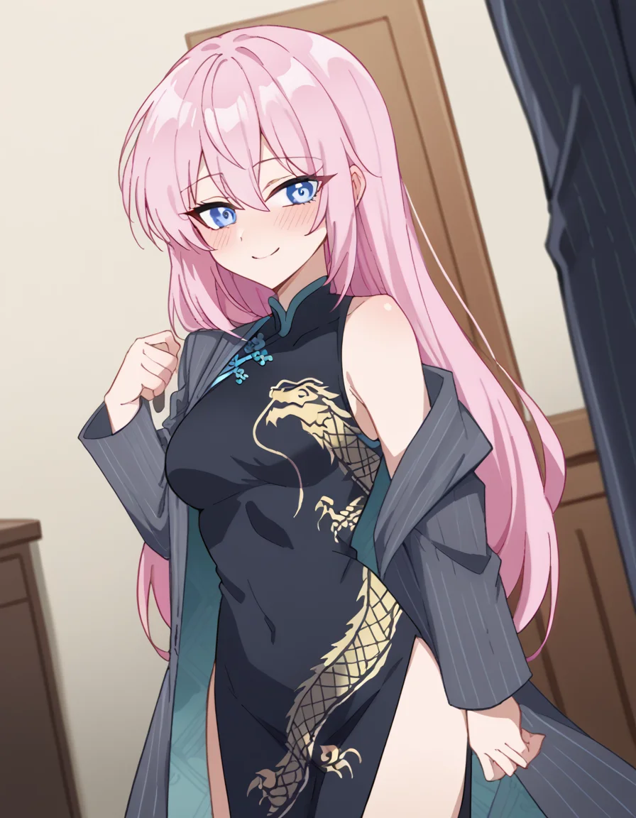 score_9, score_8_up, score_7_up, source_anime, <lora:miyako-shikimori-s1-ponyxl-lora-nochekaiser:1>, miyako shikimori, long hair, blue eyes, hair between eyes, pink hair, medium breasts,, <lora:blue-archive-kisaki-cosplay-ponyxl-lora-nochekaiser:1>, blue archive kisaki cosplay, kisaki (blue archive) (cosplay), dragon print, china dress, print dress, chinese clothes, pinstripe jacket, sleeveless turtleneck dress, cosplay, vertical-striped jacket, pinstripe pattern, pelvic curtain, striped coat, grey coat, black dress, sleeveless dress,, indoors, from side, blush, smile,, cowboy shot, looking at viewer, , dutch angle, cowboy shot