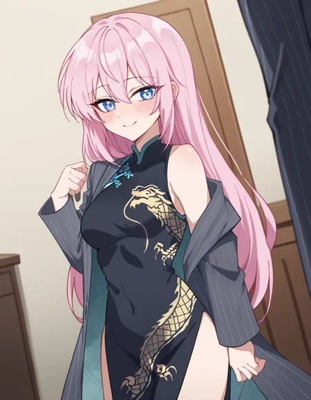 score_9, score_8_up, score_7_up, source_anime, <lora:miyako-shikimori-s1-ponyxl-lora-nochekaiser:1>, miyako shikimori, long hair, blue eyes, hair between eyes, pink hair, medium breasts,, <lora:blue-archive-kisaki-cosplay-ponyxl-lora-nochekaiser:1>, blue archive kisaki cosplay, kisaki (blue archive) (cosplay), dragon print, china dress, print dress, chinese clothes, pinstripe jacket, sleeveless turtleneck dress, cosplay, vertical-striped jacket, pinstripe pattern, pelvic curtain, striped coat, grey coat, black dress, sleeveless dress,, indoors, from side, blush, smile,, cowboy shot, looking at viewer, , dutch angle, cowboy shot